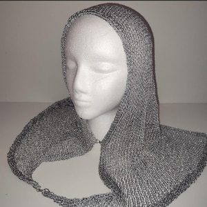 Knit silver hood, handmade coif, medieval knight head piece, faux chainmail