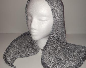 Cappuccio in maglia d'argento, cuffia fatta a mano, copricapo da cavaliere medievale, finta cotta di maglia