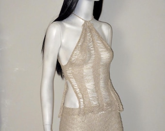 100% Cotton Distressed Knit Co-ord Set, Beige Top and Wrap Skirt