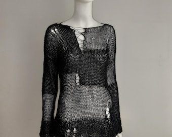 Leichter, handgefertigter Mohair-Strickpullover im Used-Look, durchsichtig, Gothic-Grunge-Punk-Stil, zerrissen