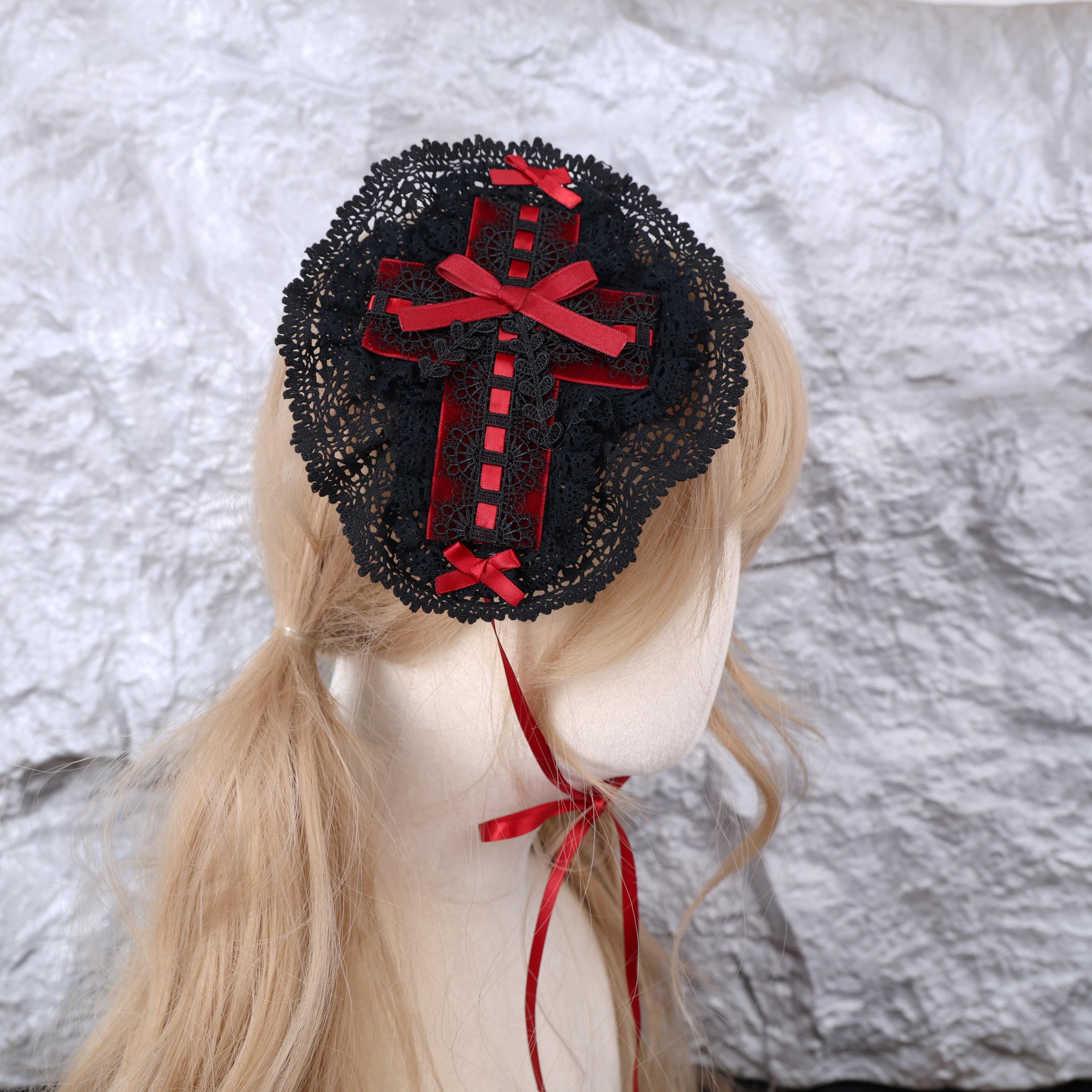 ヘアアクセサリー [odlyworkshop] Lace Headband Gothic Lolita Cross Lace Hair Clip Victorian Headdress for