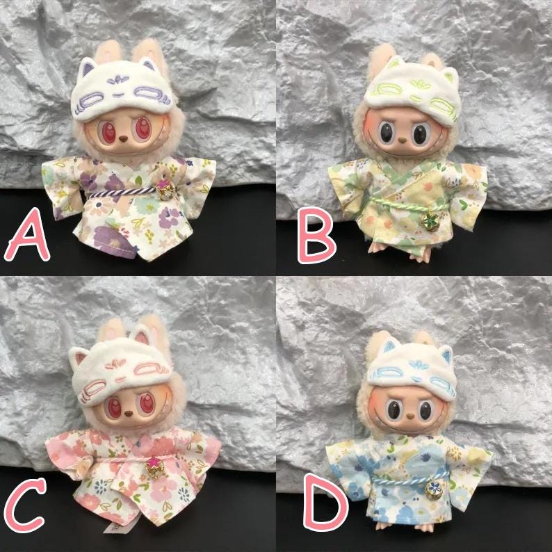 Kawaii Kimono Outfit Plush Dolls Handmade Cotton Yukata Set for Labubu Embroidered Hat Pop Mart Outfit Accessory Traditional Japanese Style