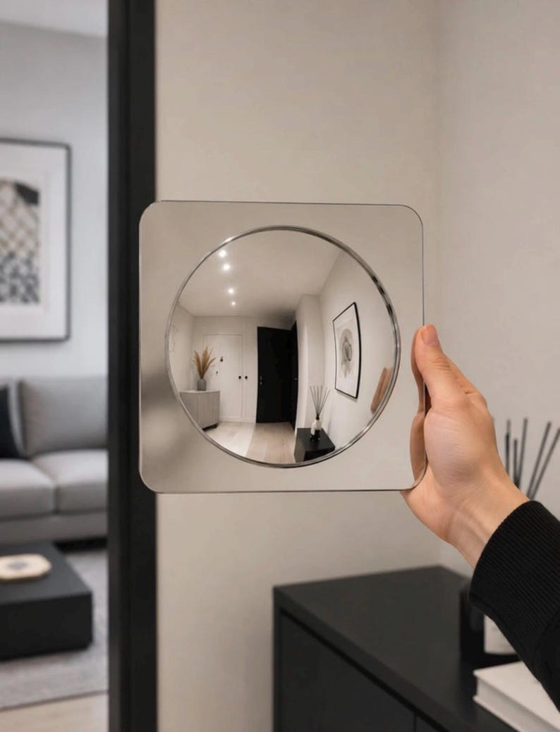 May include: A square-shaped mirror with a circular convex center. The reflective surface is silver and smooth, featuring rounded corners. The circular center creates a wide-angle, distorted reflection of an interior room with white walls and dark doors.