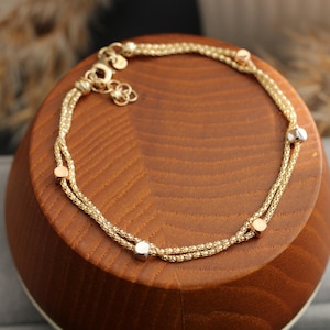 14k Gold Rope Chain Bracelet, Twisted Gold Bracelet with Silver and Rose Cube Beads, Elegant Dainty Bracelet for Women, Adjustable