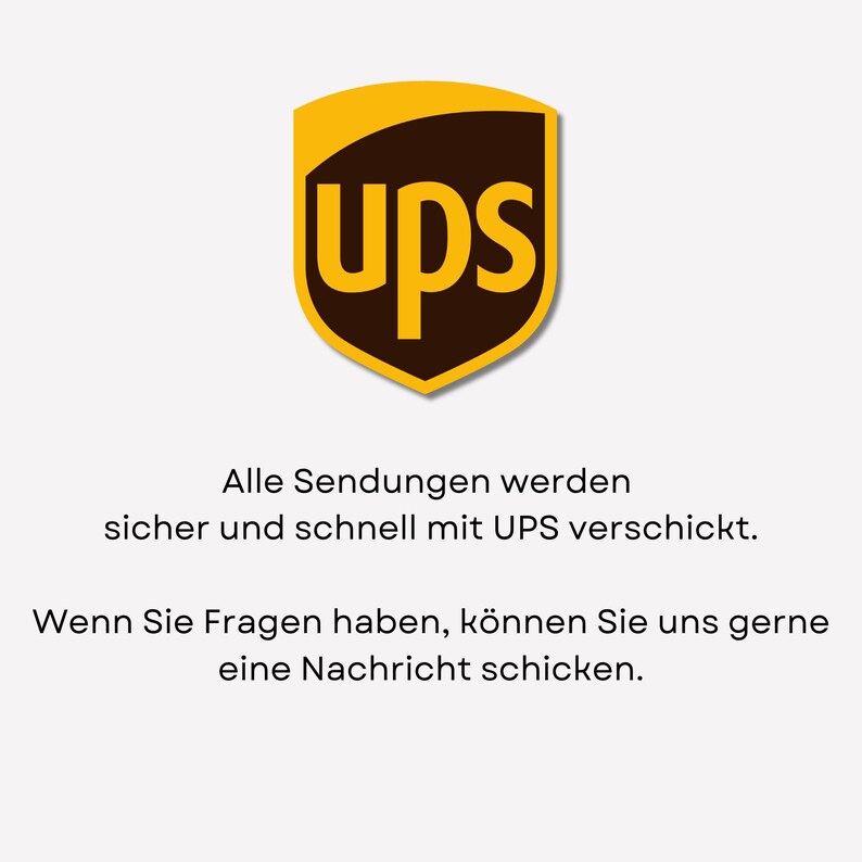 Może przedstawiać: Logo UPS w kolorze brązowym i ż&oacute;łtym z tekstem "ups" w dużych literach. Tekst pod logo brzmi "Alle Sendungen werden sicher und schnell mit UPS verschickt. Wenn Sie Fragen haben, k&ouml;nnen Sie uns gerne eine Nachricht schicken."