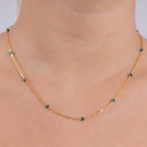 Green Beaded Necklace, Dainty Gemstone Minimalist Choker, Delicate Waterproof Gold or Silver Tiny Gem Stone Bead Jewellery Gift
