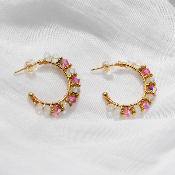 Hoop Earrings Pink Purple Gemstone Beaded Lightweight Gold Half