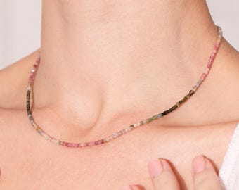 Zarte Regenbogen Perlenkette, Bunte Boho Perlen Frühling Schmuck, Zierliche Silber Wasserdicht Nicht Anlaufen Turmalin Choker Gold Minimalist