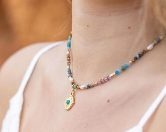 Colorful Boho Beaded Necklace, Pendant Detachable, Gold Gemstone Choker, Delicate Bohemian Crystal Dainty Minimalist Jewelry Gift Waterproof