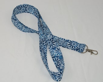 Lanyard, Blue w/White Flowers