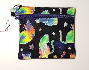 Rainbow Cat Zipper Pouch – Colorful Cat Coin Purse, Small Makeup Bag, Cute Gift for Cat Lovers, Black Fabric Zip Bag with Keyring Loop