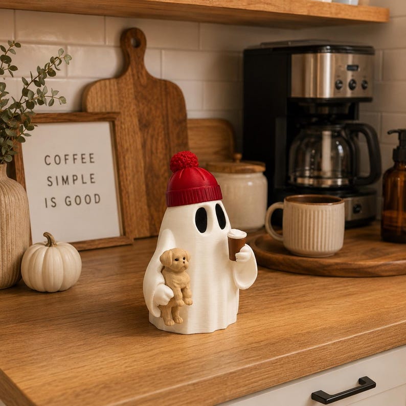 May include: A white ghost figurine wearing a red knit hat with a pom-pom. The ghost has black oval eyes and is holding a small tan puppy in one arm and a brown coffee cup in the other hand. The figurine is smooth and stands in an upright position.