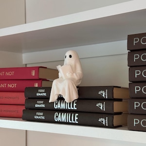 Puede incluir: Una figura de fantasma blanco de cer&aacute;mica leyendo un libro, posada sobre una pila de libros marrones oscuros. Los libros tienen el t&iacute;tulo "CAMILLE" en letras blancas. La estanter&iacute;a tambi&eacute;n muestra otros libros con cubiertas rojas.