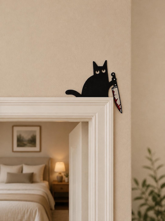 Black Cat Decor | Halloween Decor | Halloween Wall Decor | Cat Door Corner | Funny Halloween Decor | Cat Lover Gift | Door Frame Cat