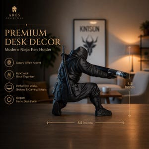 May include: A matte black ninja pen holder, 4.5 inches in height, is displayed on a wooden surface. The pen holder is a detailed sculpture of a ninja in a crouching pose, holding a pen. The image also includes text that says "Premium Desk Decor".