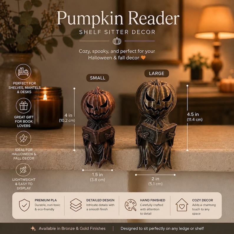 May include: Two bronze-colored pumpkin reader shelf sitter figurines. The small figure measures 4 inches tall and 1.5 inches wide. The large figure measures 4.5 inches tall and 2 inches wide. Both figures depict a pumpkin-headed character reading a book.