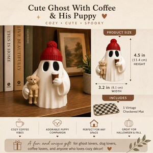 May include: A white ghost figurine wearing a red knit hat, holding a brown coffee cup, and standing next to a small tan puppy. The product measures 4.5 inches in height and 3.2 inches in width. It includes a small rectangular checkered mat.