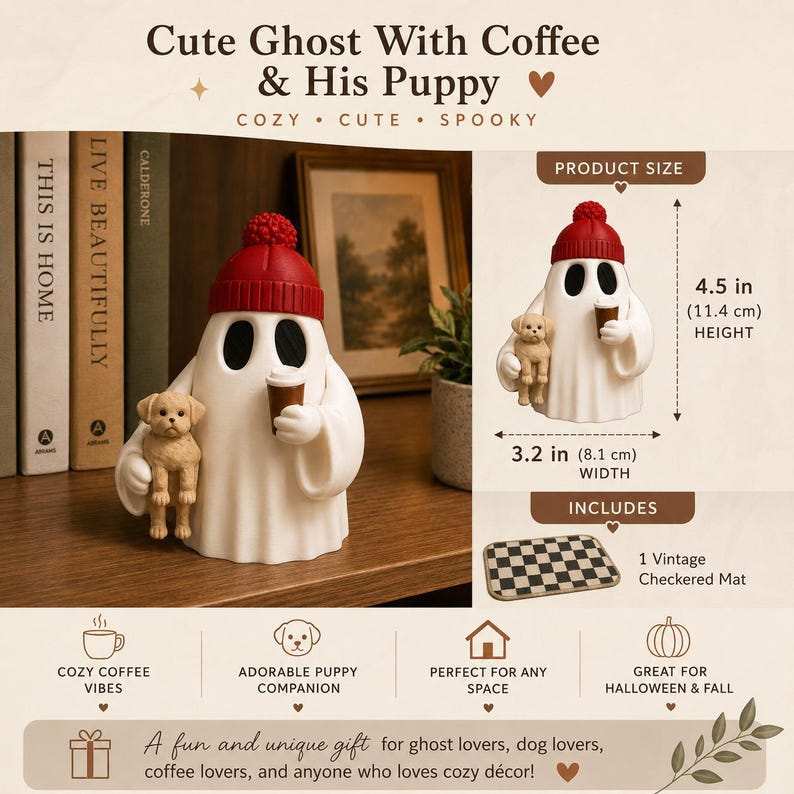 May include: A white ghost figurine wearing a red knit hat, holding a brown coffee cup, and standing next to a small tan puppy. The product measures 4.5 inches in height and 3.2 inches in width. It includes a small rectangular checkered mat.