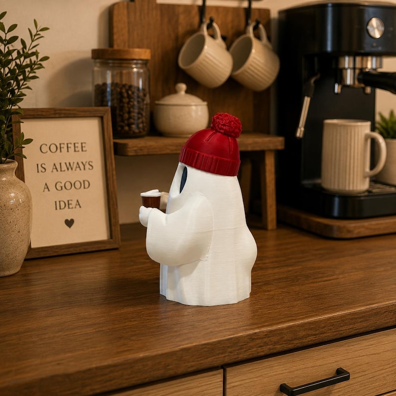 May include: A white ghost figurine wearing a red knit beanie with a pom-pom on top. The ghost has dark oval eyes and is holding a small brown coffee cup in its hands. The figurine is smooth and stands upright on a flat surface.