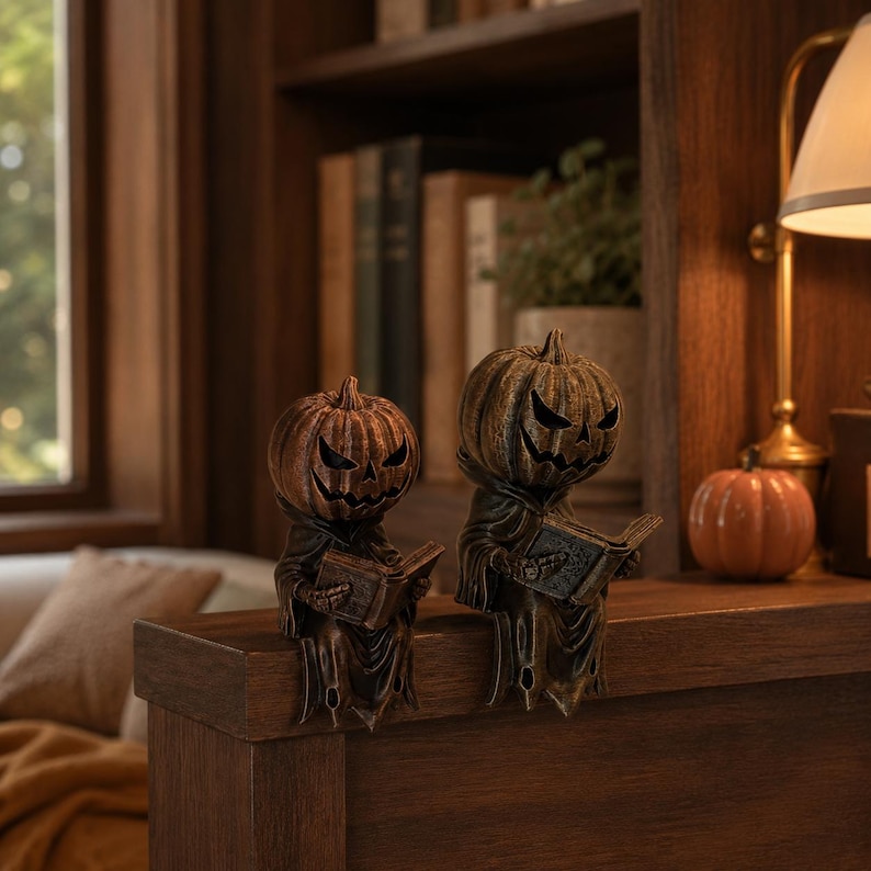 May include: Two bronze-colored pumpkin-headed figures wearing hooded cloaks, each holding an open book. The figures have carved, jagged facial features resembling jack-o'-lanterns and are positioned in a seated pose with legs dangling downward.