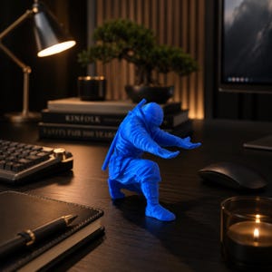 May include: A vibrant blue ninja figurine in a kneeling pose, with a katana on its back. The figurine is on a dark wooden desk, with a keyboard, notebook, and lit candle in the background. A bonsai tree and books are also visible.
