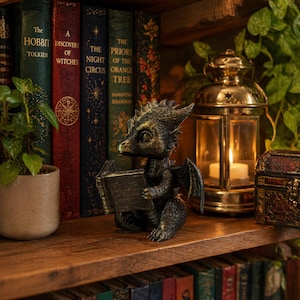 Decor boekenliefhebber, decor boekenplank, plankdecoratie drakenbeeldje, decoratie leeshoek, decoratie bibliotheekplank