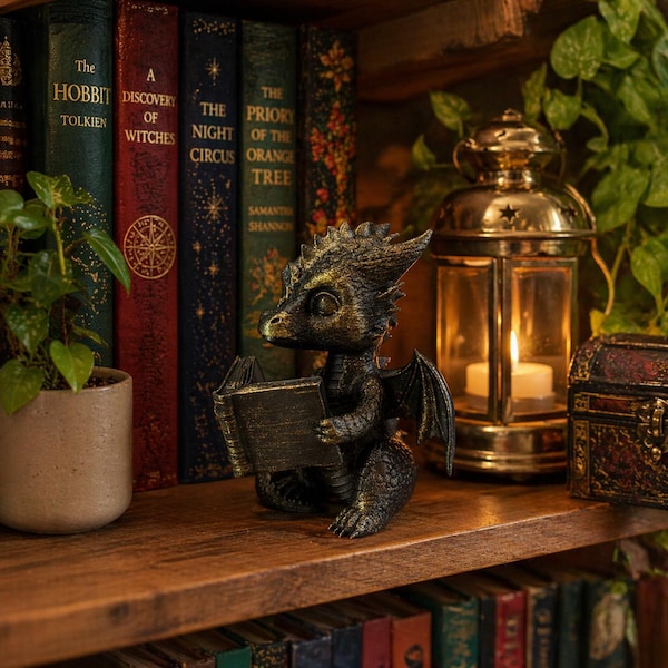 Book Lover Decor, Bookshelf Decor, Dragon Figurine Shelf Decoration, Reading Nook Decoration, library shelf decor