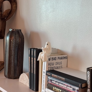 Puede incluir: Un sujetalibros blanco con forma de fantasma leyendo un libro, colocado sobre una pila de libros. Los libros incluyen t&iacute;tulos como "BAD PHARMA HOW DRUG COMPANIES" y "NEGOTIATIONS". Un jarr&oacute;n decorativo es visible en el fondo.