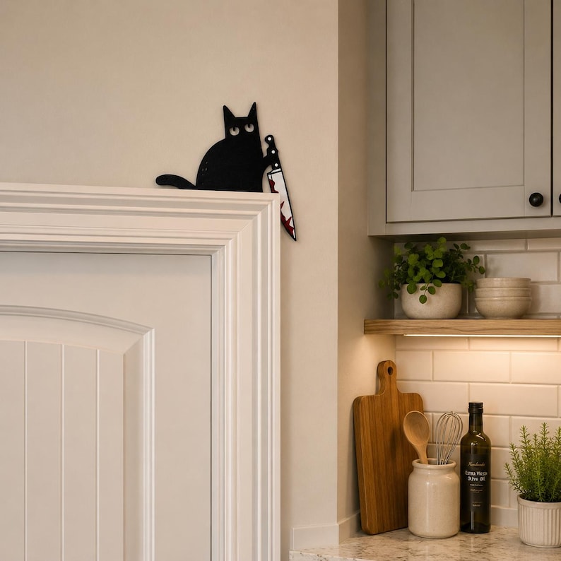 May include: A black cat wall decal featuring a cartoon cat with wide eyes holding a silver knife with red blood-like stains on the blade. The cat is positioned as if it is peeking over the top edge of a white door frame in a kitchen setting.