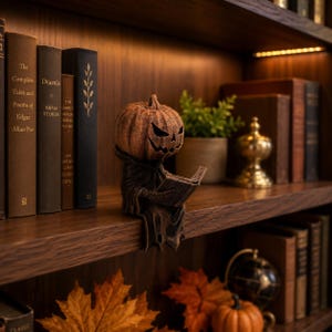 May include: A brown, textured pumpkin-headed figure wearing a dark, hooded robe, sitting on the edge of a shelf while holding an open book. The figure has a carved, jagged facial expression and is crafted with a weathered, rustic appearance.