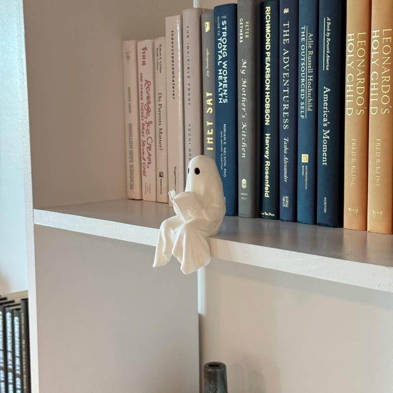 Puede incluir: Una figura de fantasma blanco leyendo un libro, posada en una estanter&iacute;a blanca. La estanter&iacute;a est&aacute; llena de libros, con t&iacute;tulos como "My Mother's Kitchen" y "America's Moment". El fantasma tiene ojos negros y sostiene un libro blanco.