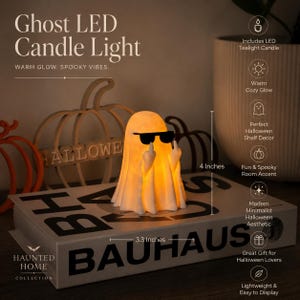 Fantasma adorable y espeluznante con gafas de sol / Divertida decoración de estante de Halloween, figura adorable y espeluznante con vela LED, decoración para casa embrujada y accesorio para fiestas. imagen 2