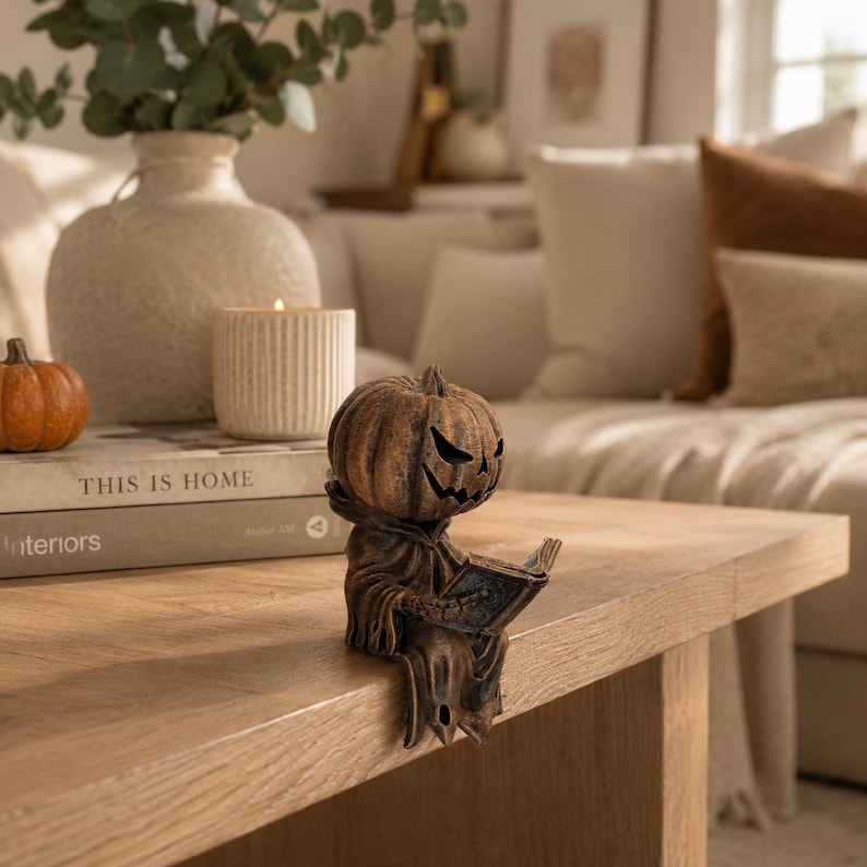 May include: A brown, carved-style figurine of a pumpkin-headed character wearing a hooded robe and sitting on the edge of a surface while holding an open book. The figure has a textured, weathered appearance with a carved jack-o'-lantern face.