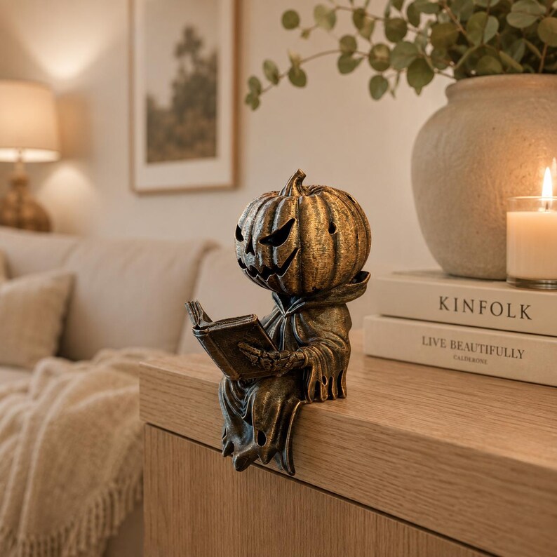 May include: A decorative figurine of a pumpkin-headed character with a carved jack-o'-lantern face, wearing a hooded robe and sitting on an edge while holding an open book. The figure has a metallic bronze finish with dark antiqued detailing.