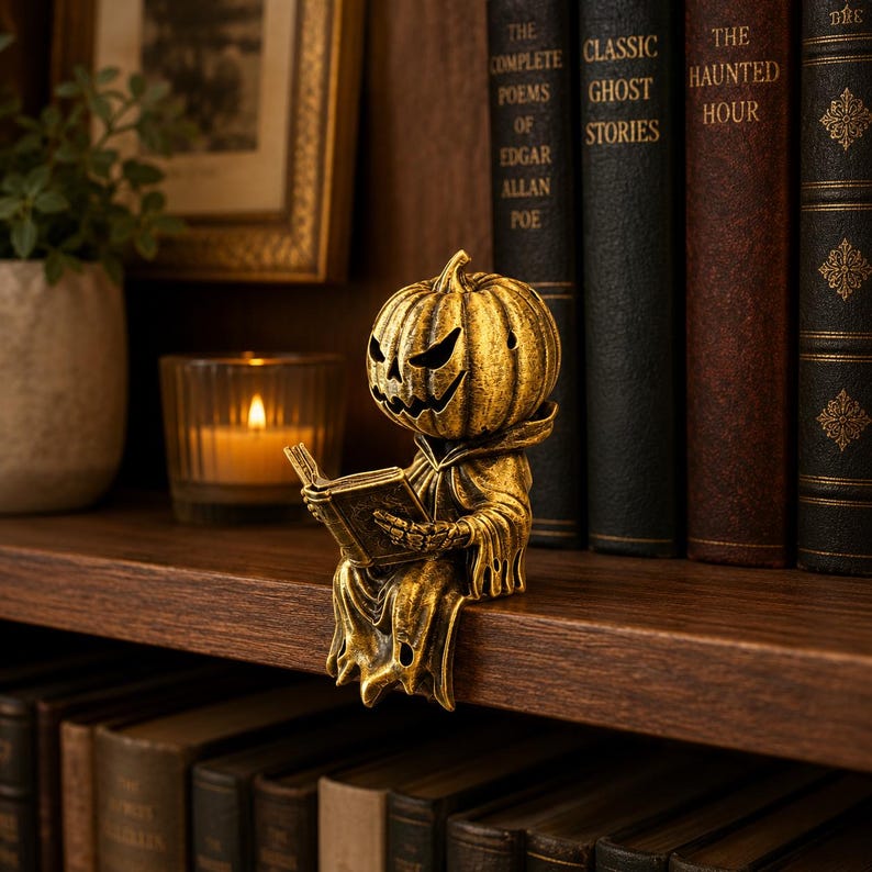 May include: A gold-toned figurine of a pumpkin-headed creature wearing a hooded robe and sitting on the edge of a shelf. The figure is holding an open book in its hands. The pumpkin head features carved, jagged eyes and a wide, toothy grin.
