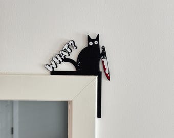 Funny Black Cat Door Corner Decoration – Creepy Cute Halloween Decor with Knife – Spooky Gothic Home Accent, Haunted House Decoration