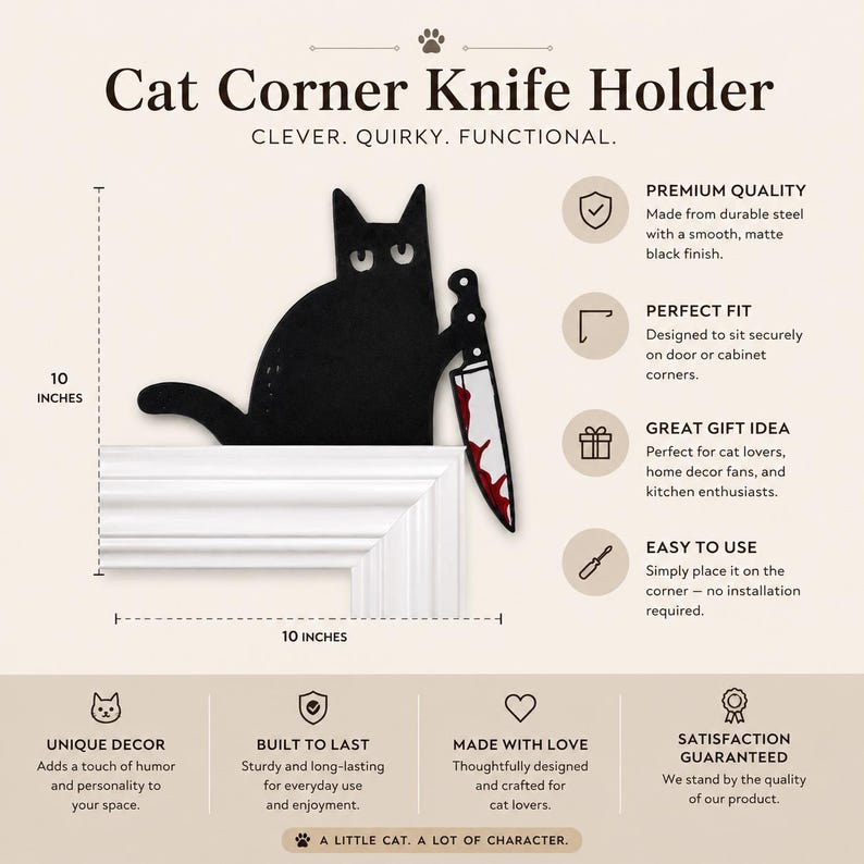 May include: A black metal cat-shaped knife holder measuring 10 inches by 10 inches. The cat figure holds a knife with red blood-like stains on the blade. The text reads Cat Corner Knife Holder, Clever. Quirky. Functional. A little cat. A lot of character.
