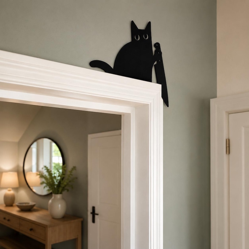 May include: A black metal wall decoration shaped like a cat holding a large knife. The cat has wide, white-outlined eyes and is positioned to sit on the top corner of a white door frame, with its tail extending horizontally along the trim.