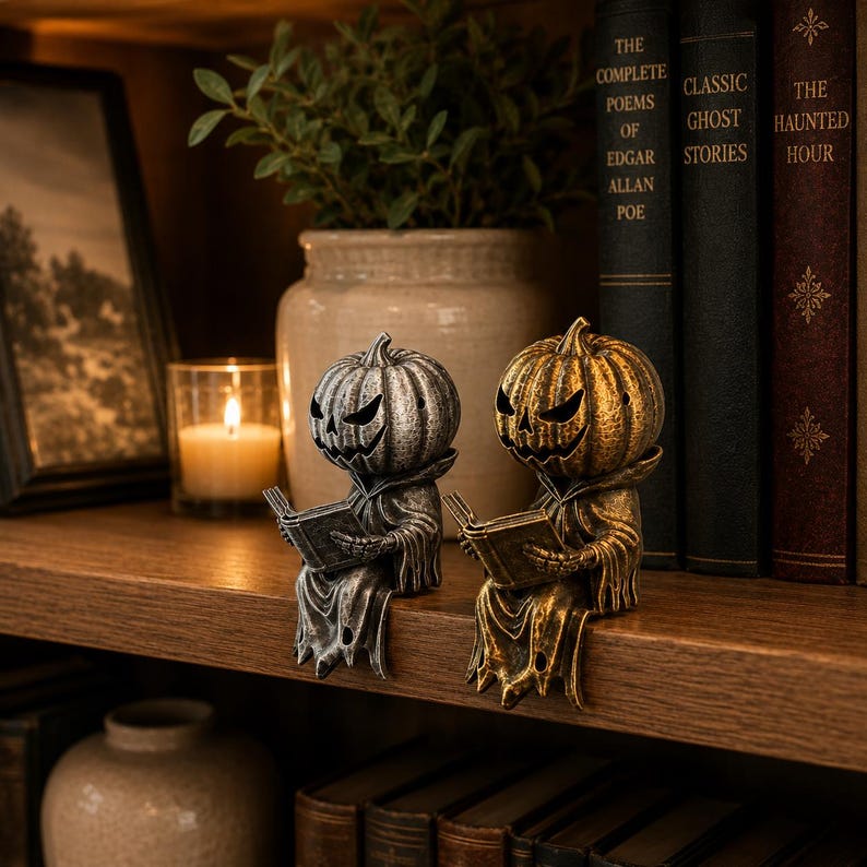 May include: Two shelf-sitting figurines featuring pumpkin-headed characters in hooded robes, each holding an open book. One figure has a metallic silver finish, while the other has a metallic gold finish. Both have carved, jagged facial features.