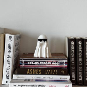 Puede incluir: Una figura de fantasma blanco con gafas de sol haciendo una peineta, colocada sobre una pila de libros. Los libros tienen t&iacute;tulos como "1000 Record Covers" y "Ashes". La figura a&ntilde;ade un toque de humor a una estanter&iacute;a.