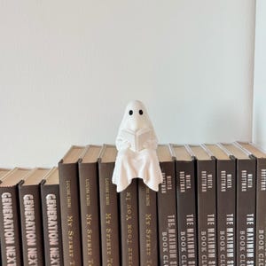 Puede incluir: Una figura de fantasma blanco leyendo un libro, posada sobre una fila de libros marrones. Los libros tienen t&iacute;tulos y nombres de autores impresos en los lomos. Un art&iacute;culo decorativo caprichoso para los amantes de los libros o Halloween.