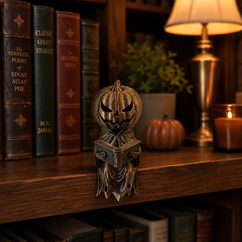 Small and large Halloween reading pumpkin shelf sitter figurines with antique bronze and gold finishes, displayed on a modern mantel. Decorative bookshelf accents for book lovers, cozy fall home decor, autumn displays, and spooky Halloween decoration.