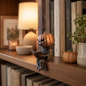 Small and large Halloween reading pumpkin shelf sitter figurines with antique bronze and gold finishes, displayed on a modern mantel. Decorative bookshelf accents for book lovers, cozy fall home decor, autumn displays, and spooky Halloween decoration.