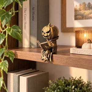 May include: A bronze-colored figurine of a seated figure with a carved pumpkin head featuring a jagged, smiling face. The figure wears a hooded robe and holds an open book in its hands, with its legs dangling over the edge of a wooden shelf.