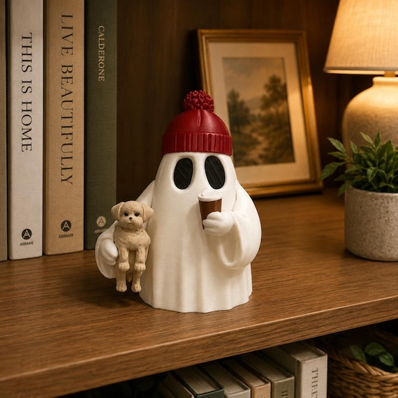 Cute Ghost Decor, Coffee Ghost Figurine, Ghost With Dog, Cozy Halloween Decor, Shelf Decor, Fall Home Decor, Vintage Halloween Decor