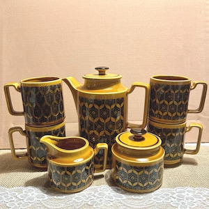 Vintage 70-tals Royal Sealy gyllenbrun kaffe-/tekanna med grädde/socker/4 muggar