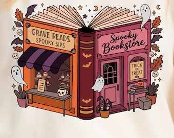Spooky Bookstore PNG, Halloween Book Lover Shirt Design, Ghost Reading Tee PNG, Fall Bookish Graphic Tee, Cozy Reader Sublimation PNG