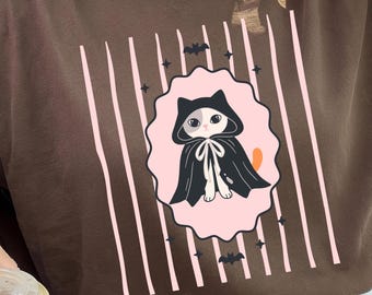 Cute Halloween Cat PNG, Black Hooded Kitty Shirt Design, Pink Gothic Cat Sublimation, Spooky Cat stripes design