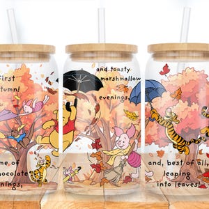 Cute Autumn Bear and friends Libbey glass can png, Tiger and friends inspired 16 oz tumbler wrap design uv dtf, Autumn theme wrap design