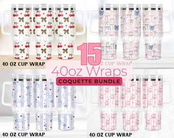 15 Coquette 40oz Tumbler Wraps PNG Bundle, Quencher Tumbler Sublimation Wraps, Aesthetic Bow, Cherry, Cottagecore, Digital Drinkware Designs